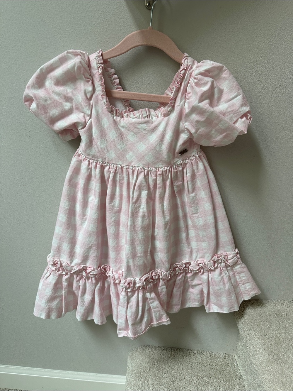 Patachou Girls Pink Gingham Puff-Sleeve Dress with Ruffle Hem Size 3